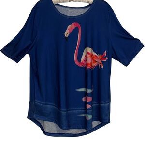 Ellen Negley Navy Blue Pink Flamingo Keyhole Short Sleeve Top Ladies Size Large